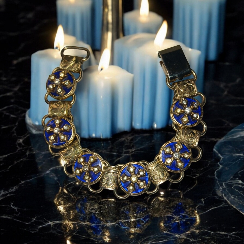 Vintage Silver Tone Bracelet Blue Enamel & Sky Blue-Green Rhinestones Elegant